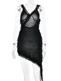 Sleeveless Ruffle Mesh Mini Dress For Women Backless Irregular Y2K Outfits See Through Sheer Bodycon Sexy Clothes