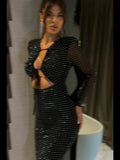 Elegant Sequin Sparkle Sexy Maxi Dress For Women Fashion Hollow Out Sheer Long Sleeve Bodycon Club Party Long Dress