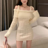 Darianrojas  -  holiday outfits Autumn Winter New Knitted Off Shoulder Dress French Elegant Slim Thin Plush Sweater Dress Casual Party Hip Dresses Women