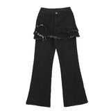 Darianrojas  -  Korean Skirt Overlay Flare Jeans Women Black Raw Edge High Waist Fake Two-piece Wide Leg Pants Trousers Retro Clothes