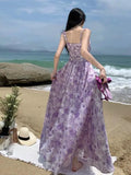 French Vintage Purple Print Long Dresses for Women Summer Sexy Backless Sleeveless Ruffles Beach Holiday Female Clothing