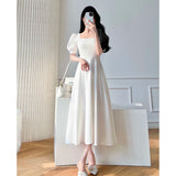 Vintage White Maxi Dresses for Women Party Prom Puff Sleeve Square Collar Temperament Bodycon Long Midi Dress Summer Clothing