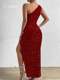 One Shoulder Maxi Long Dresses Women Sparkling Sequin Backless Sexy Evening Party Vestidos Slim Ruched Summer Dress