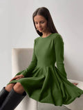 Elegant Long Sleeve Mini Dress Sweater Women Winter O Neck Tight Sexy Chic Pleated Skirt Basic Female Knit Jumper