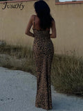 Women New Y2K Elegant Leopard Printed Maxi Dresses Backless Skinny Spaghetti Strap Lace-up Slim Vintage Robe Dress