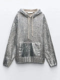 Women Chic Metallic Sliver Hooded Sweater Fashion Long Sleeve Drawstring Pullover Top Autumn Lady Elegant Casual Sweatshirt