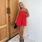 Elegant Solid Strapless Dress Women's Sleeveless Beach Vacation Short Dress Splice Off Shoulder Loose High Waist Clothing