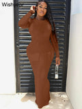 Elegant Solid Knitting Ribbed Evening Dresses For Women Clothes Long Sleeve O Neck Office Maxi Dress Club Female Birthday