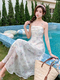 Vintage Summer Party Midi Elegant Dress Women French Hepburnesque Sexy Design High Waist Casual Sleeveless Chiffon Sweet Dress