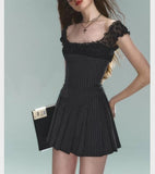 Y2k Coquette Stripped Lace Pleated Mini Dress Women Fashion American Retro Short Dresses New in Autumn