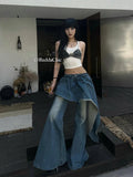 Darianrojas  -  Y2k Skirt Overlay Boot Cut Pants Women Asymmetrical Wide Leg Fake Two-piece Flare Jeans Tall Girl Korean Streetwear