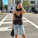 Summer Sleeveless Chiffon Tie Detail Cami Tops Slim Y2K Rave Festival Frill Hem Backless Sheer Sexy Cropped Tops