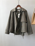 Japanese Turn down Collar Full Regular Sleeve Khaki Trench Loose Straight Short Khaki Office Lady Fabric Belt Coat