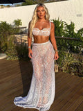 See Through Lace Two Piece Skirt Sets Women Crop Top And Maxi Skirt Sets Elegant Party Beach Sexy Two Piece Set