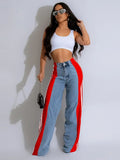 Darianrojas  -  Splicing Three Stripe Wide Leg Denim Pants Women Casual High Waisted Elastic Straight Leg Pants Color Block Straight Trouser