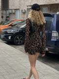 Women's Sexy Leopard Print Slim Mini Dress Vintage O-neck Long Sleeve Chiffon Vestidos Elegant Chic Female High Street Robe