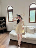 Cute Kawaii Fairy Mini Yellow Dress Women Japanese Y2k Ruffles Puff Sleeve Tunic School Dresses Sweet Lolita Vestidos