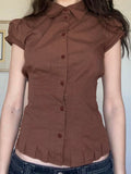 American Retro Preppy Brown Shirts Women Button Up Turn Down Collar Puff Sleeve Shirring Pleated Hem Slim Casual Tops