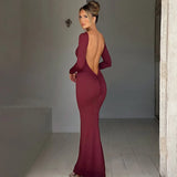 Elegant Open Back Ruched Sexy Bodycon Maxi Dress Birthday Outfits for Women Long Sleeve Dresses Gown Club Party