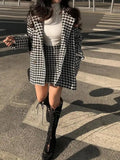 Autumn Winter Plaid Woolen Blazer Office Ladies 2 Piece Set Korean Long Sleeve Suit Coat And High Waist A-line Mini Skirt Outfit