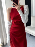 Korean Summer Elegant Slim Red Sleeveless Midi Dress Office Lady Fashion Spaghetti Straps Bodycon Split Clothes Women Vestidos