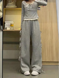 Korean Spring Wear Grey Casual Top Female  New Bow Design Super Sweet High Waist Slim Wide-leg Pants Two-piece Set