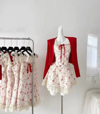 New Sweet Floral Dress Set Woman Casual Red Short Cardigan Elegant Lace Y2k Mini Dress Beach Korean Fashion Clothing Suit