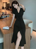 Midi Dresses Women Mature Side-slit Chic Soft Bandage French Style V-neck Summer Temper Aesthetic Fashion Streetwear Vestidos