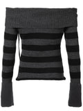 Off Shoulder Slim Knitted Stripe Jumper Women Lace-Up Slash Neck Long Sleeve Sweater Tee Korean Fashion Street Knittwear