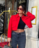 Red Solid Elegant Women Lapel Autumn Short Coat Long Sleeve Single Breasted Fashion Casual Jacket Office Lady Streetwear Outwear