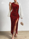 One Shoulder Maxi Long Dresses Women Sparkling Sequin Backless Sexy Evening Party Vestidos Slim Ruched Summer Dress