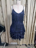 Tassel Sequins Dress Women Elegant Feather Spaghetti Straps Mini Dresses Summer Sexy Party Club Evening Dresses Vestidos