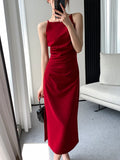 Korean Summer Elegant Slim Red Sleeveless Midi Dress Office Lady Fashion Spaghetti Straps Bodycon Split Clothes Women Vestidos