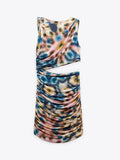 Women Fashion Printed Pleated Hollow Out Mini Dress Casual O Neck Sleeveless Dresses Elegant Chic Evening Party Female Vestidos