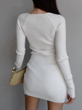 White Long Sleeve Knitted Mini Dress V-Neck Ribbed Bodycon Sweater Dress Elegant Short Autumn Winter Dresses Women