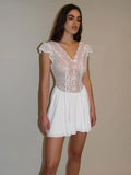 Sexy Elegant Lace Splice See Through Folds Dress For Women V Neck Short Sleeve Mini White Bodycon Dresses Party Putfits