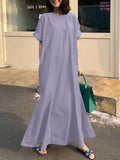 Women's Summer Sundress Elegant Short Sleeve Loose Plain Cotton Long Maxi Dress Casual Ruffle Vestido Robe Femme Oversize