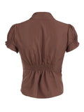 American Retro Preppy Brown Shirts Women Button Up Turn Down Collar Puff Sleeve Shirring Pleated Hem Slim Casual Tops