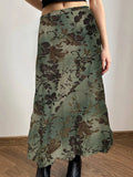 Forest Green Y2K Aesthetic Plant And Flower Print Long Skirts Womens Elegant Vintage Clothing