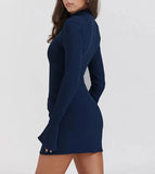 Dark Blue Two Pocket Sexy Mini Dress For Women Autumn Winter New Long Sleeve Bodycon Club Party Dress Elegant