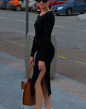 Darianrojas  -  holiday outfits Black Women Knitted Dress with Side Slits Bodycon Autumn Winter Tight Dresses Elegant Long Sleeve Female Ribbed Knit Dress