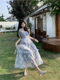 Fairycore Floral Mixi Graduation Dress Women Korean Style Elegant Chic Tulle Ruffle Puff Sleeve Tunic Evening Dresses