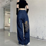 American retro street loose embroidered straight-leg jeans women new casual all-match high-waist mopping wide-leg trousers