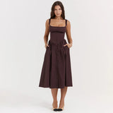 Autumn Dress Woman Trendy Midi Spaghetti Strap Dress Brown Long One-piece Dress Gown New in Sexy Birthday Dress