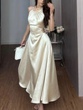 Vintage Satin Midi Dresses for Women New Summer French Fold Hollow Out Elegant Prom Fashion Slim Casual Female Clothes Robe