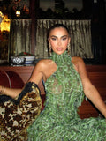 Women New Y2K Maxi Dresses Halter Green Elegant Hollow Out Patchwork Lace-up Vacation Holiday Backless Chic Dress 2023