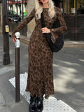 Print Retro Dress For Women Fashion Bodycon High Waist Maxi Dresses Women's Autumn Street Slim Long Dress Femme