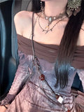 Elegant Casual Women Vintage Letter Dresses Slash Neck Long Sleeve Grunge Dress Fashion Off Shoulder Sweet Y2k Vestido De Mujer