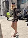 Women's Sexy Leopard Print Slim Mini Dress Vintage O-neck Long Sleeve Chiffon Vestidos Elegant Chic Female High Street Robe