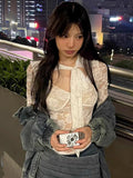 Y2k Aesthetic Lace Bandage Tops Vintage Harajuku Hollow Out Sheer T Shirt Streetwear See Through Shirt Fairy Retro Mesh Tees